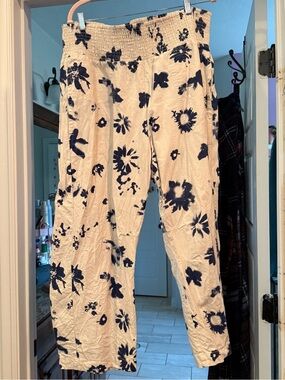 Pilcro Cream and Navy Floral Smocked Waist Pants
